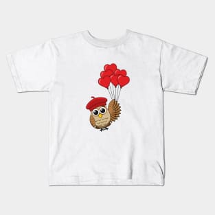 Cute Owl Flying with Heart Balloons Kids T-Shirt